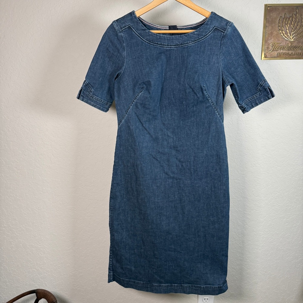 Boden Blue Denim‎ Short Sleeve Sheath Dress Boat Neck Back Zip US 4L WV0078